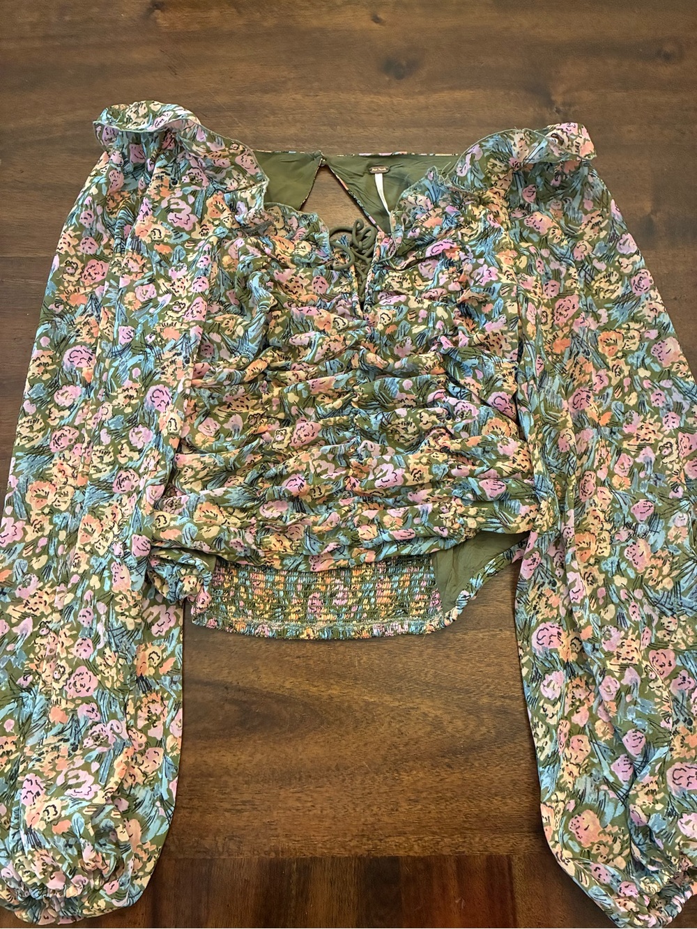 Free People Mabel Printed Blouse Women’s Small Garden Combo Lace Up Green Top